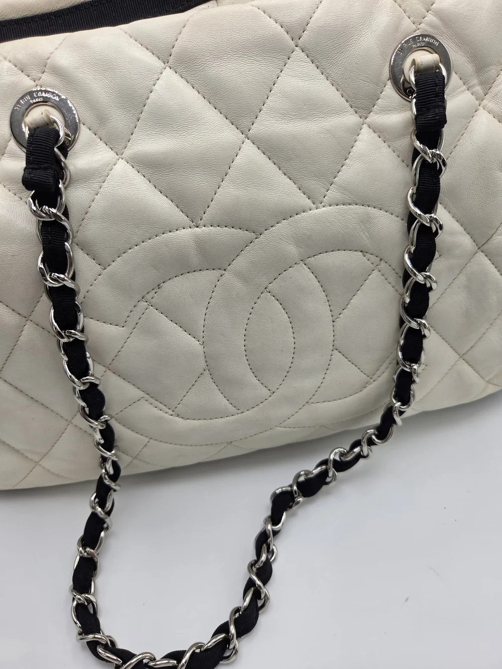 Vintage CHANEL Quilted Shopping Tote White & Black Purse
